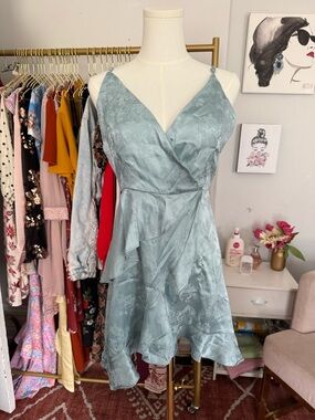 Altar'd State Light Blue Satin Lace-Trim Wrap Dress